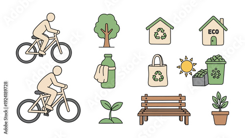 Eco-Friendly Lifestyle Elements: A collection of simple, stylized illustrations representing eco-conscious living, showcasing elements like cycling, recycling, and sustainable practices.