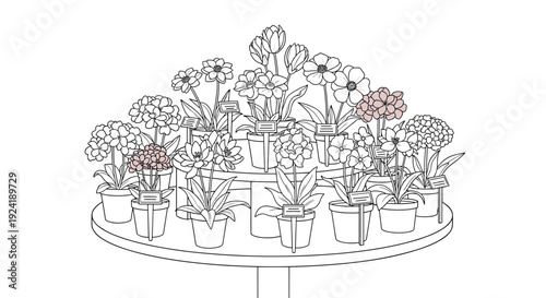 A beautiful assortment of various potted flowers arranged on a multi-tiered display stand, a charming black and white line art illustration for coloring.