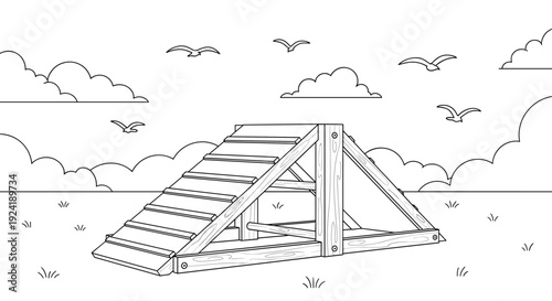 A black and white line art drawing of a wooden A-frame ramp for dog agility training, set in an open field under a cloudy sky.