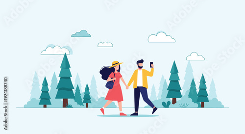 A happy young couple holding hands and walking together through a beautiful pine forest, with the man taking a selfie to capture the moment.