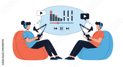 A male and female host recording a podcast episode, sitting in beanbags with microphones and headphones, with an audio editor interface in a bubble.