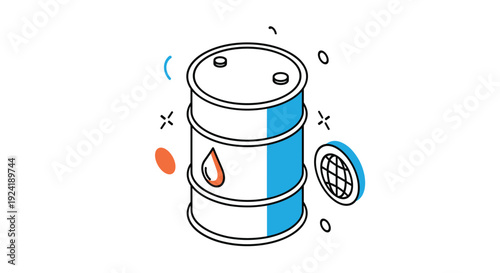 Isometric line art illustration of a barrel with a drop symbol, representing oil, fuel, or other industrial liquid resources.