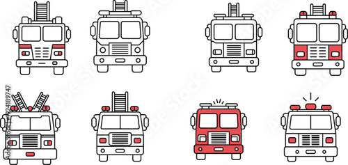 Vector illustration of multiple fire trucks front view, red and black designs, ladders, sirens, emergency vehicles, rescue, firefighting artwork design