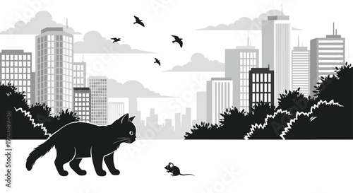 Black and white silhouette scene of a cat stalking a small mouse in a park with a modern city skyline in the background.