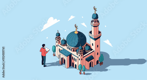 An isometric illustration of a Muslim man standing with the Quran in front of a beautiful mosque with domes and a minaret, ready for prayer.
