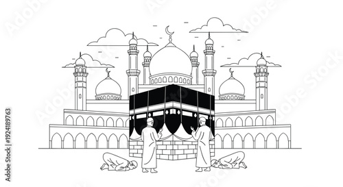 A black and white line art illustration of Muslim pilgrims praying at the Kaaba in Mecca during the Hajj or Umrah, with a grand mosque behind.