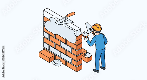 Professional construction worker in a hard hat and uniform meticulously building a brick wall with a trowel and fresh cement mortar.