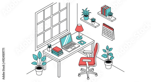 Isometric line art illustration of a cozy and modern home office workspace with a laptop, desk, chair, plants, and other office essentials.