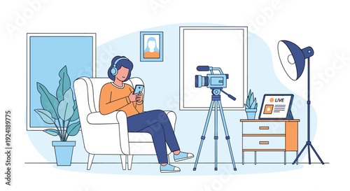 A content creator wearing headphones relaxes in an armchair with a smartphone, taking a break in their home studio with a camera and lighting equipment.