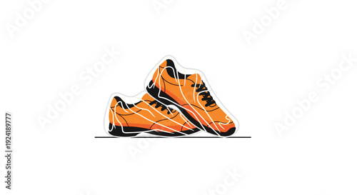 A pair of orange and black athletic sneakers is wrapped in a thin transparent crinkled plastic bag resting on a simple black horizontal line.