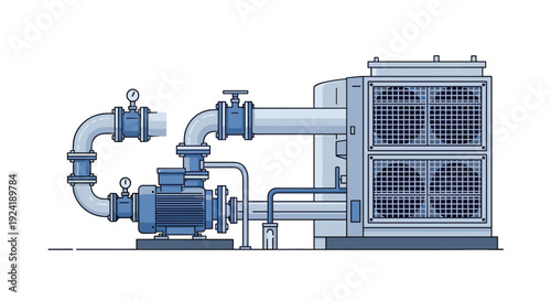 A detailed technical illustration of an industrial water pump connected to a large chiller unit or heat exchanger for HVAC or process cooling.