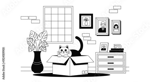 A charming black and white illustration of a cute cat sitting in a cardboard box inside a cozy room with furniture and family photos.