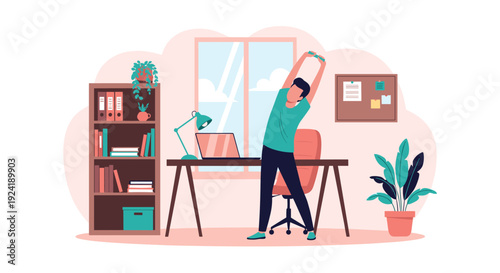 A young man taking a healthy break from his laptop to stretch his arms and back in his cozy, modern home office environment.