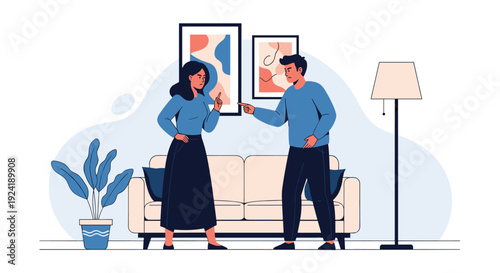 A young couple having a serious argument in their living room, pointing fingers at each other and showing signs of conflict and disagreement.