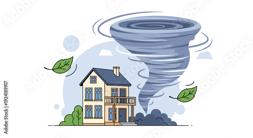 A powerful illustration of a destructive tornado or cyclone approaching a residential house, symbolizing natural disaster and extreme weather.