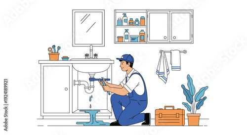 A professional plumber in uniform kneeling to repair a leaking pipe under a bathroom sink with a wrench, fixing a water leak at home.