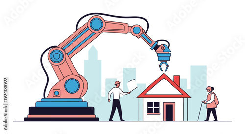 A futuristic construction scene where a large robotic arm builds a house under the supervision of an engineer, showcasing automation in building.