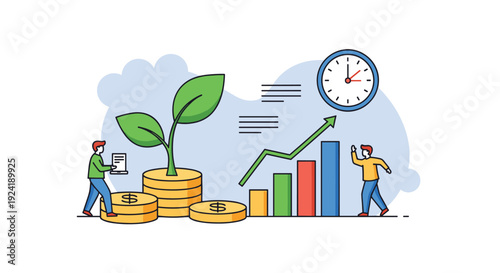 A conceptual illustration of long-term investment growth, with a plant growing from coins, a rising bar chart, and business people analyzing.