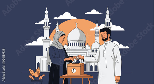 An illustration of a Muslim couple giving Zakat or Sadaqa by putting a coin in a donation box, with a beautiful mosque in the background.