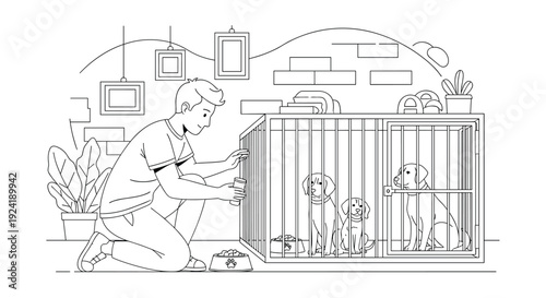 A kind person volunteering at an animal shelter, feeding and caring for several dogs waiting in a large kennel, shown in line art.