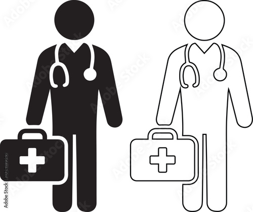 Professional doctor icon with stethoscope and medical bag for healthcare service branding and hospital clinic signage illustrating physician expertise, first aid, and patient care.