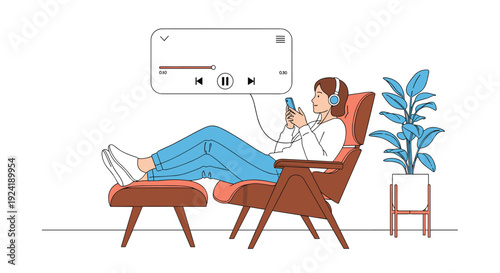 A relaxed woman in a modern armchair and ottoman listening to a podcast or music on her smartphone through wired earphones at home.