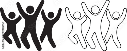 Happy group of people jumping in celebration icon for team success and community achievement projects illustrating joy, winners, and collective empowerment in business or social groups.