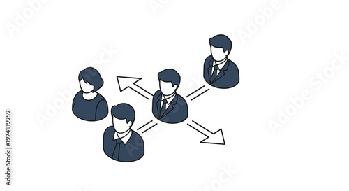 An isometric icon representing leadership or management, with a central figure delegating tasks and communicating with a team of employees.