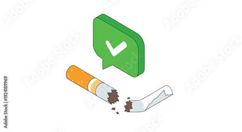 An isometric icon symbolizing the success of quitting smoking, featuring a broken cigarette and a green speech bubble with a checkmark.