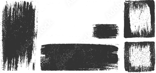 Collection of five dark gray brush stroke textures on white background paint grunge