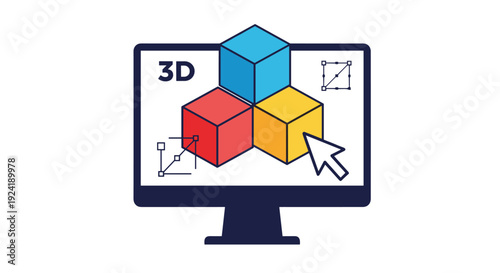 A computer monitor displaying a 3D modeling software interface, with colorful cubes being manipulated by a cursor for digital design.