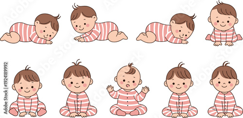 Cute baby character collection in different poses wearing striped pajamas adorable toddler cartoon vector illustration set