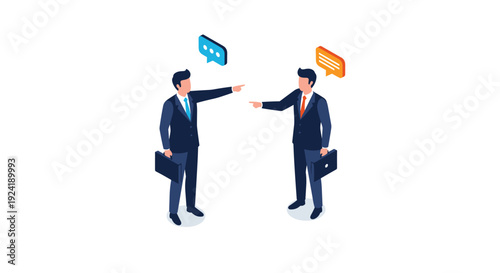 An isometric illustration of two businessmen in suits having a heated argument, pointing fingers at each other in disagreement or conflict.