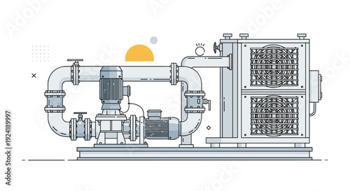A technical line illustration of an industrial water chilling system, showing two pumps connected by pipes to an air-cooled chiller unit.