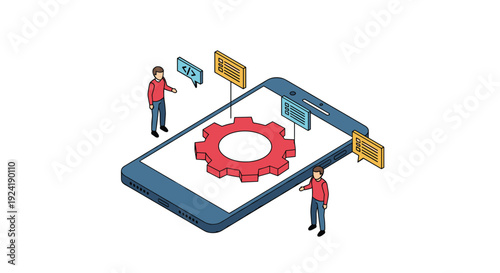 Isometric concept of mobile application settings and customization, with two developers interacting with a large gear icon on a smartphone.