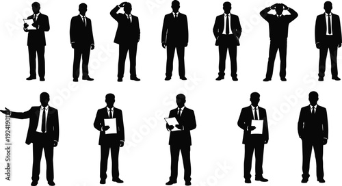 PrintGroup of construction worker silhouettes with tools and hard hats on white background