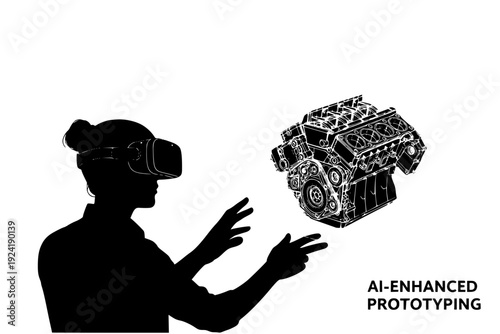Engineer Using VR Headset for 3D Prototyping Silhouette, Virtual Reality Industrial Design and AI Engineering Vector
