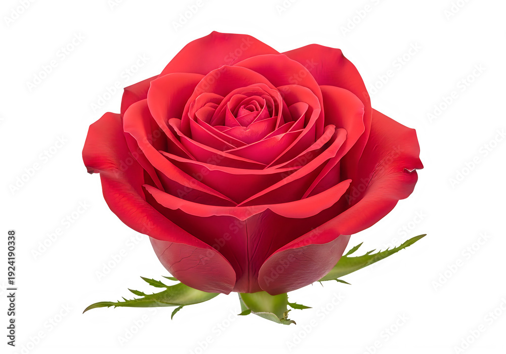Naklejka premium A beautiful red rose in full bloom with green leaves isolated on transparent background