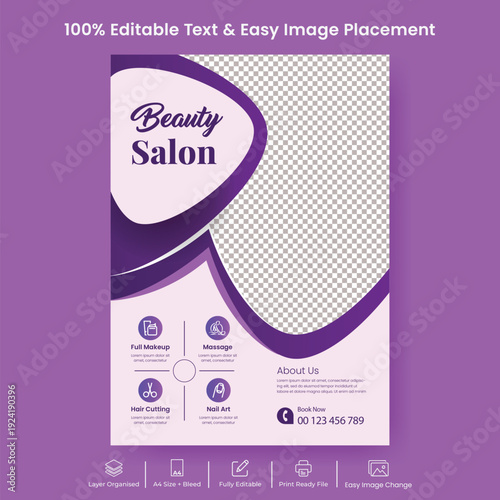 beauty salon spa A4 print-ready poster flyer template for skin care nail salon advertising, wellness yoga meditation brochure cover leaflet marketing design promotion template