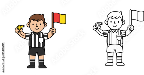 Cartoon sports referee boy holding whistle and flag. Color and black and white outline vector illustration for kids coloring book.