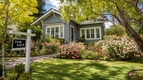 Welcoming craftsman-style house with gray exterior and garden for sale in suburban neighborhood