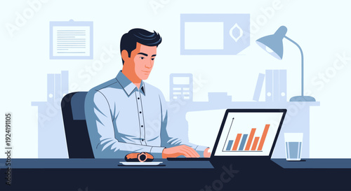 Man working on laptop at office desk.