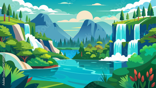 A peaceful view of Plitvice Lakes National Park surrounded by forest natural lakes and waterfalls create layered landscape clean minimal vector illustration flat design calm natural environment