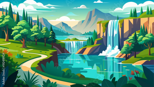 A peaceful view of Plitvice Lakes National Park surrounded by forest natural lakes and waterfalls create layered landscape clean minimal vector illustration flat design calm natural environment