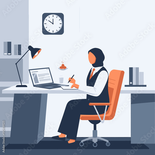 woman sitting at desk with laptop and notebook.