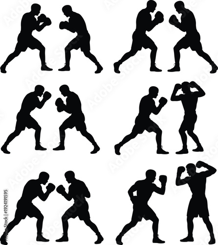 Boxing fighters silhouettes set showing sparring and punching poses isolated on white background combat sport training competition fitness black vector illustration