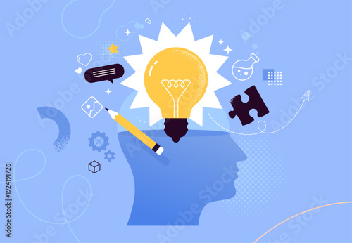 Design Thinking Concept. Vector illustration in modern flat style of human head with glowing light bulb and creative symbols. Concept of idea generation, imagination and creative thinking