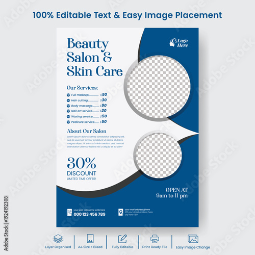 Modern spa wellness A4 print-ready flyer poster template for beauty salon skin care nail salon advertising, yoga meditation brochure cover leaflet marketing design promotion template
