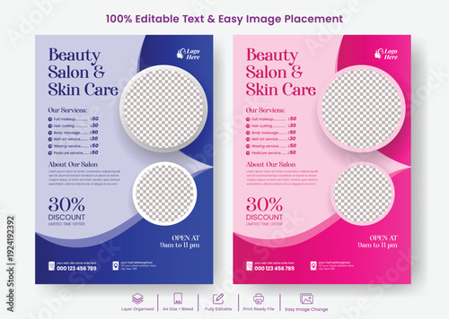 Luxury beauty salon spa A4 flyer poster template for skin care nail salon promotion, wellness yoga meditation leaflet brochure cover advertising marketing design print-ready template