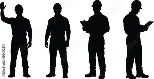 PrintSet of four male construction worker silhouettes waving and checking clipboards for industrial